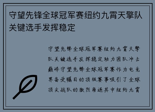 守望先锋全球冠军赛纽约九霄天擎队关键选手发挥稳定