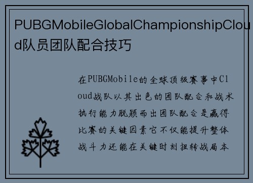 PUBGMobileGlobalChampionshipCloud队员团队配合技巧